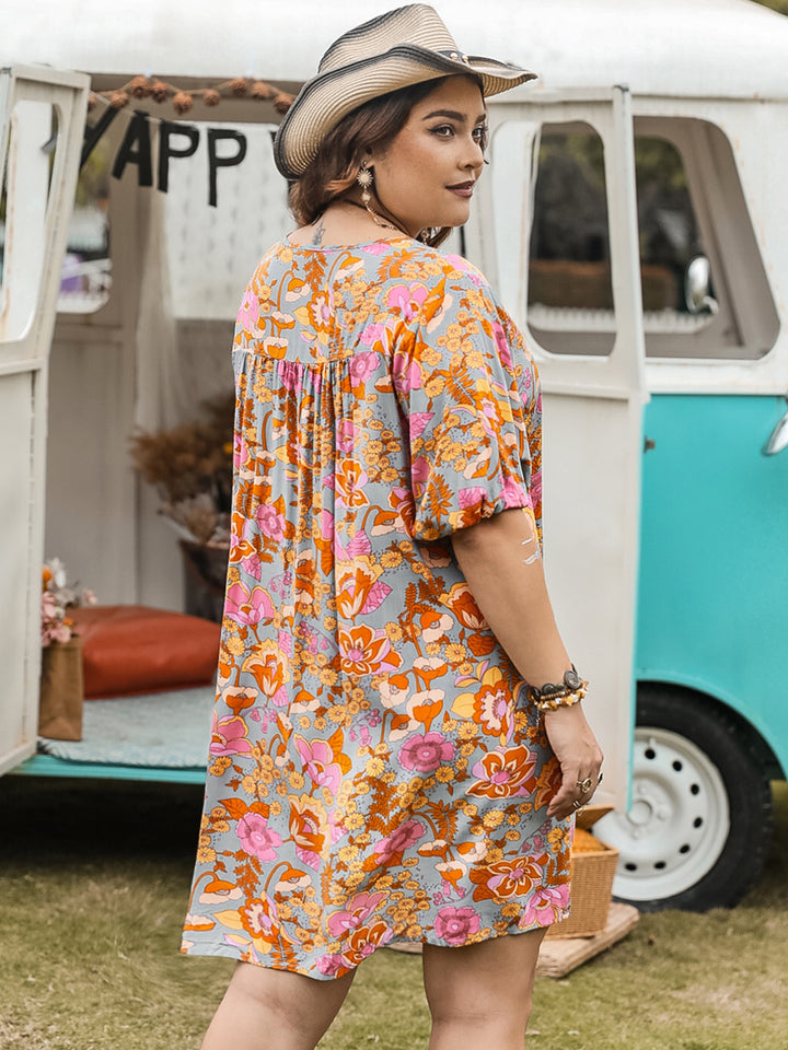 Plus Size Ruched Printed Half Sleeve Mini Dress | Trendsi