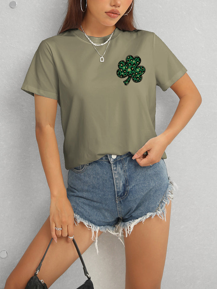 Lucky Clover Round Neck Short Sleeve T-Shirt | Trendsi