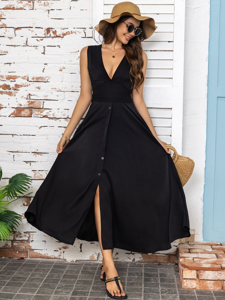 Full Size Slit V-Neck Sleeveless Midi Dress | Trendsi