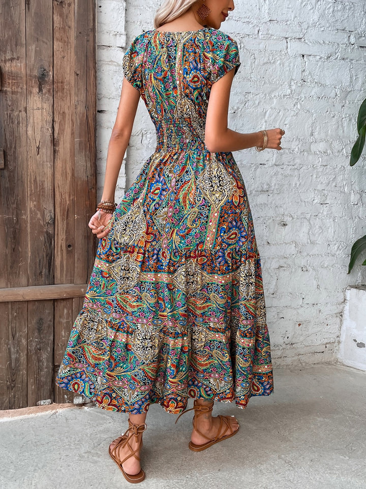 Smocked Printed Cap Sleeve Midi Dress | Trendsi