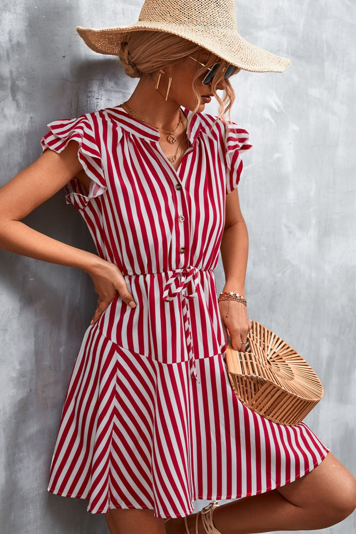 Ruffled Striped Cap Sleeve Mini Dress | Trendsi