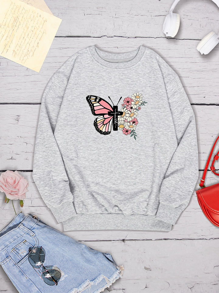 Butterfly Round Neck Dropped Shoulder Sweatshirt | Trendsi