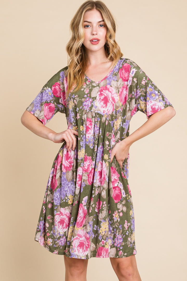 BOMBOM Flower Print V-Neck Ruched Dress | Trendsi