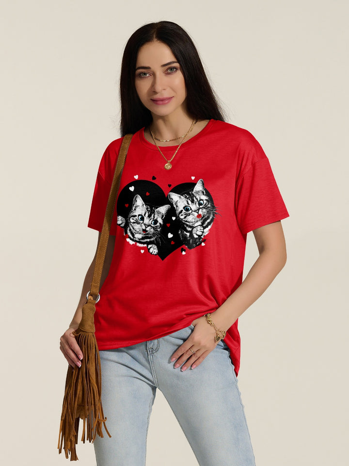 Cat Round Neck Dropped Shoulder T-Shirt | Trendsi