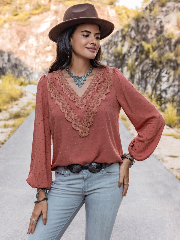 Swiss Dot V-Neck Blouse | Trendsi