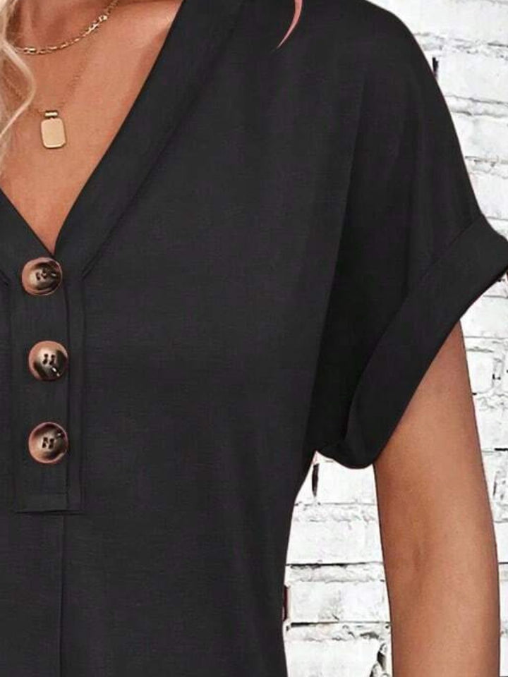 Quarter Button V-Neck Short Sleeve Dress | Trendsi