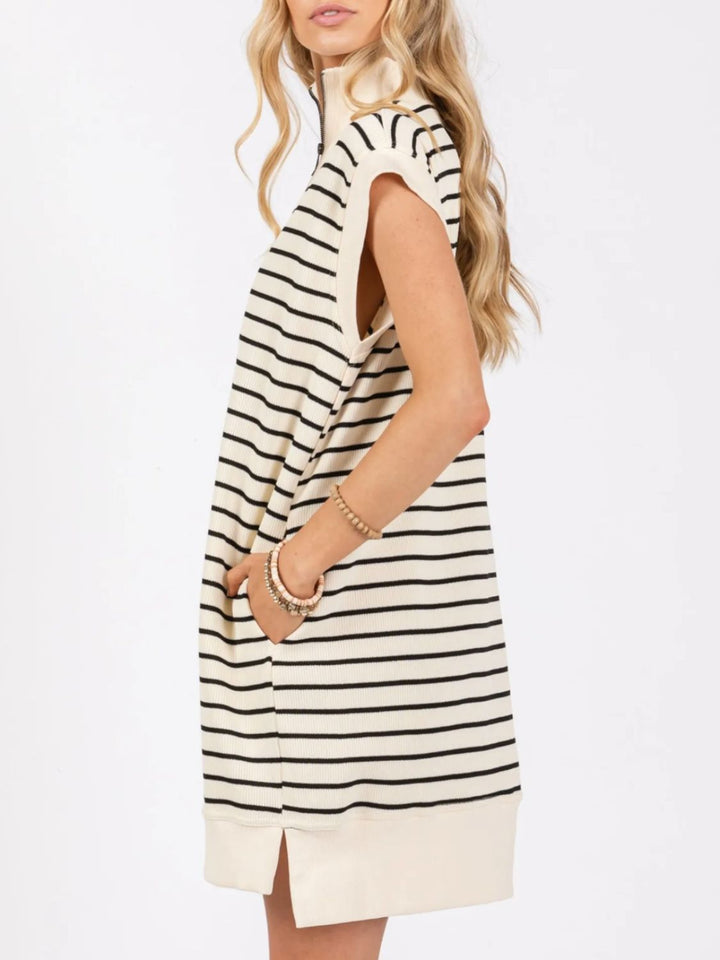 Full Size Pocketed Striped Quarter Zip Cap Sleeve Dress | Trendsi