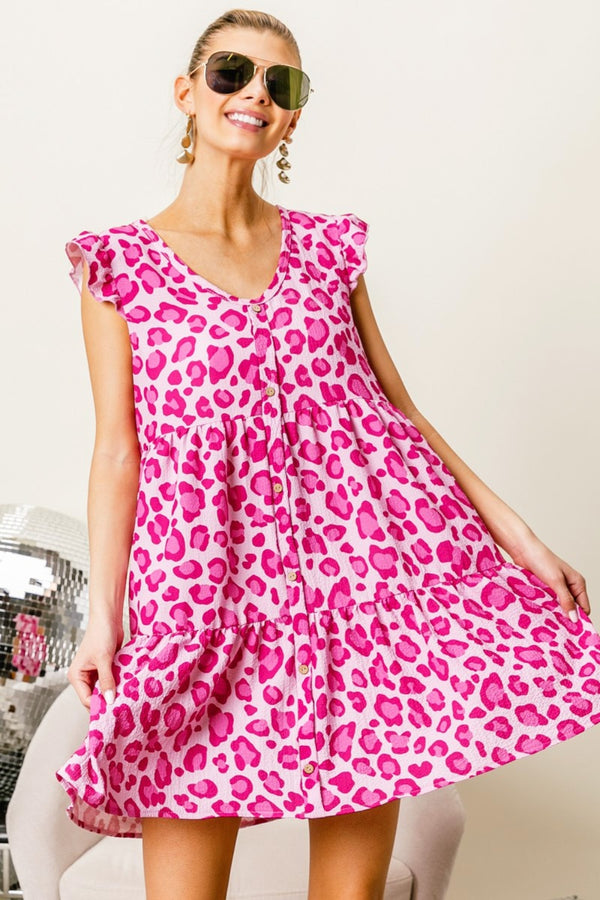 BiBi Leopard Cap Sleeve Tiered Mini Dress | Trendsi