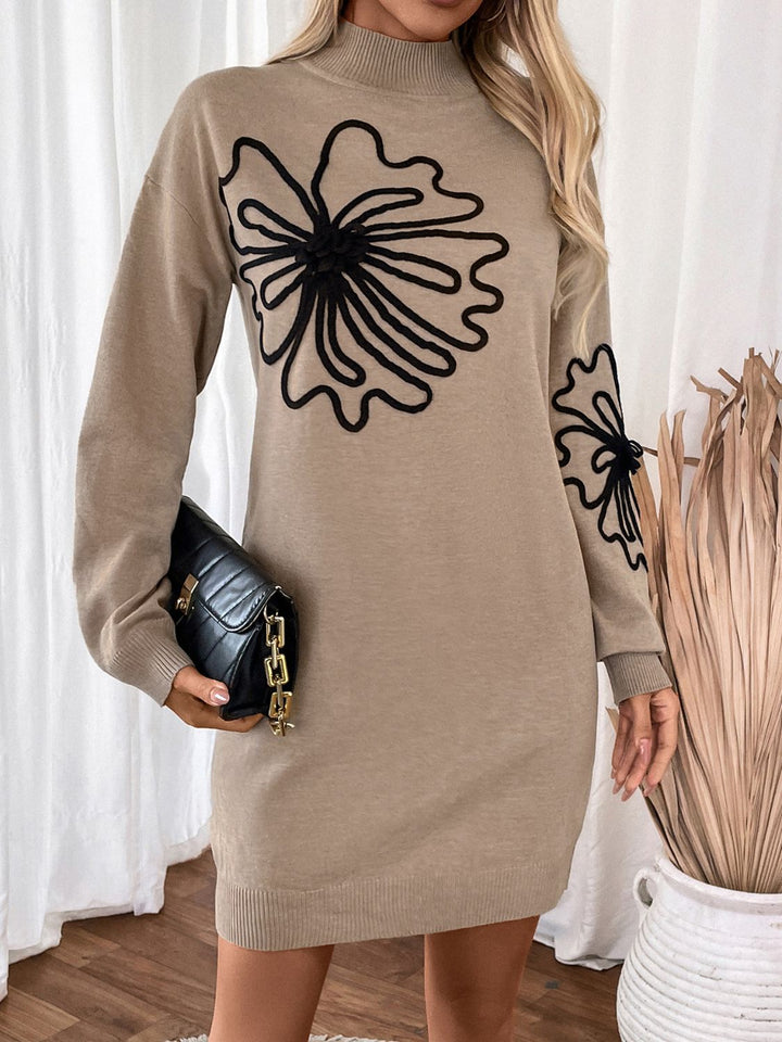 Perfee Flower Mock Neck Long Sleeve Sweater Dress | Trendsi