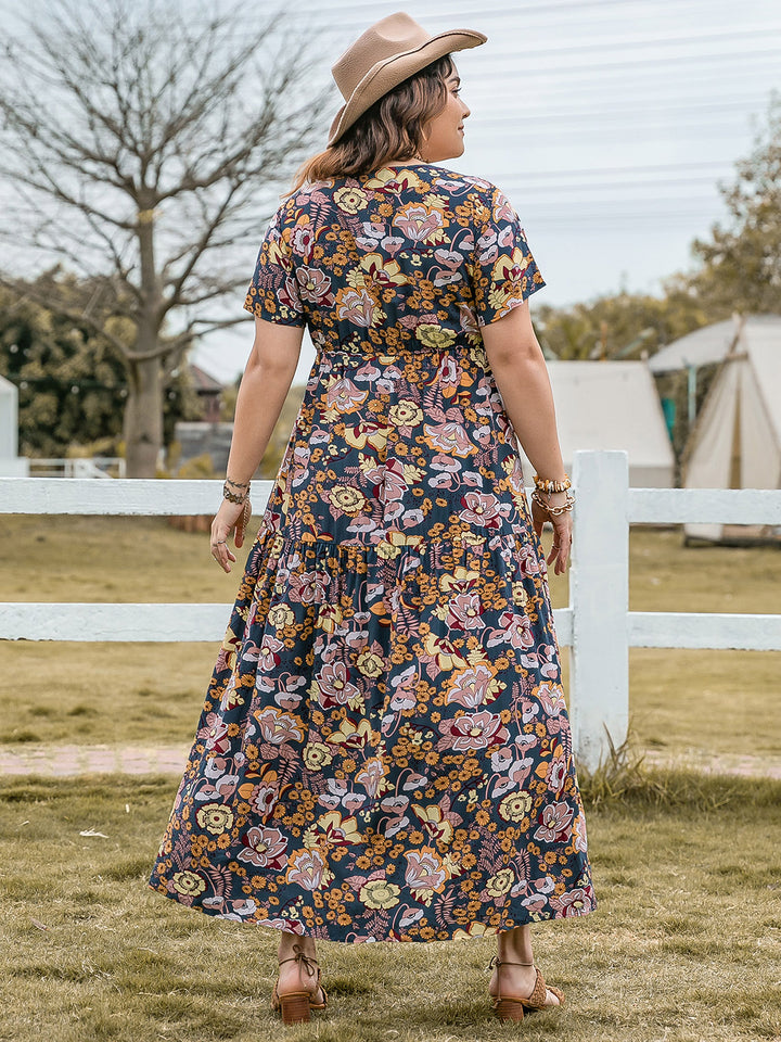 Plus Size Tied Printed Short Sleeve Midi Dress | Trendsi