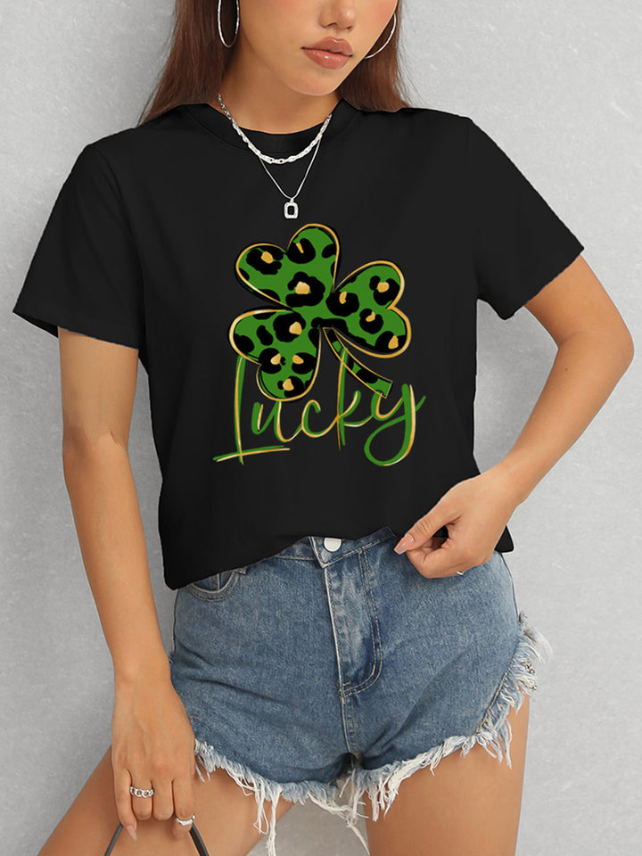 Lucky Clover Round Neck Short Sleeve T-Shirt | Trendsi