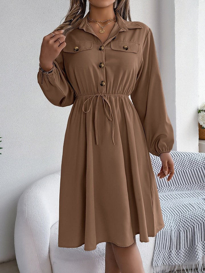 Collared Neck Long Sleeve Dress with Pockets | Trendsi