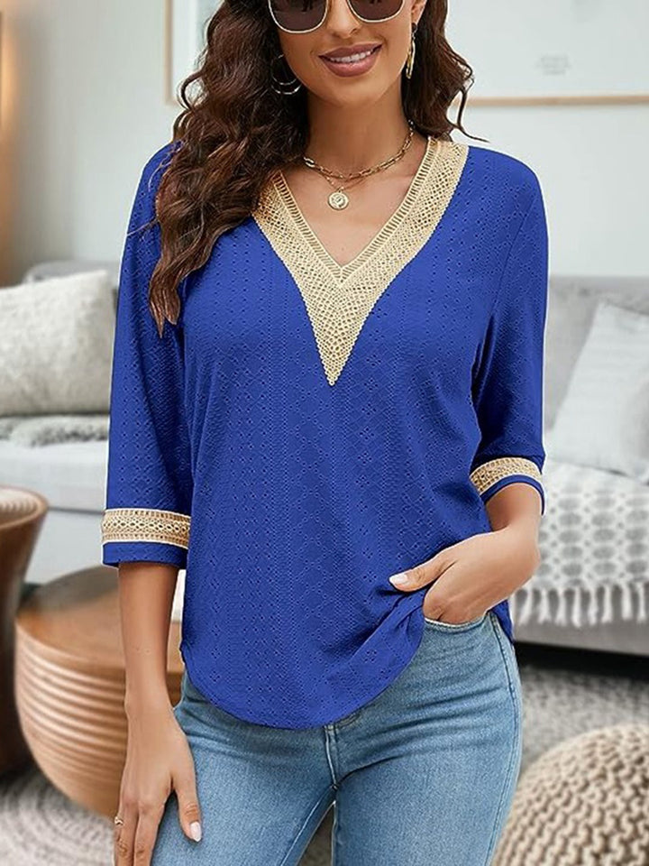 V-Neck Eyelet Blouse | Trendsi