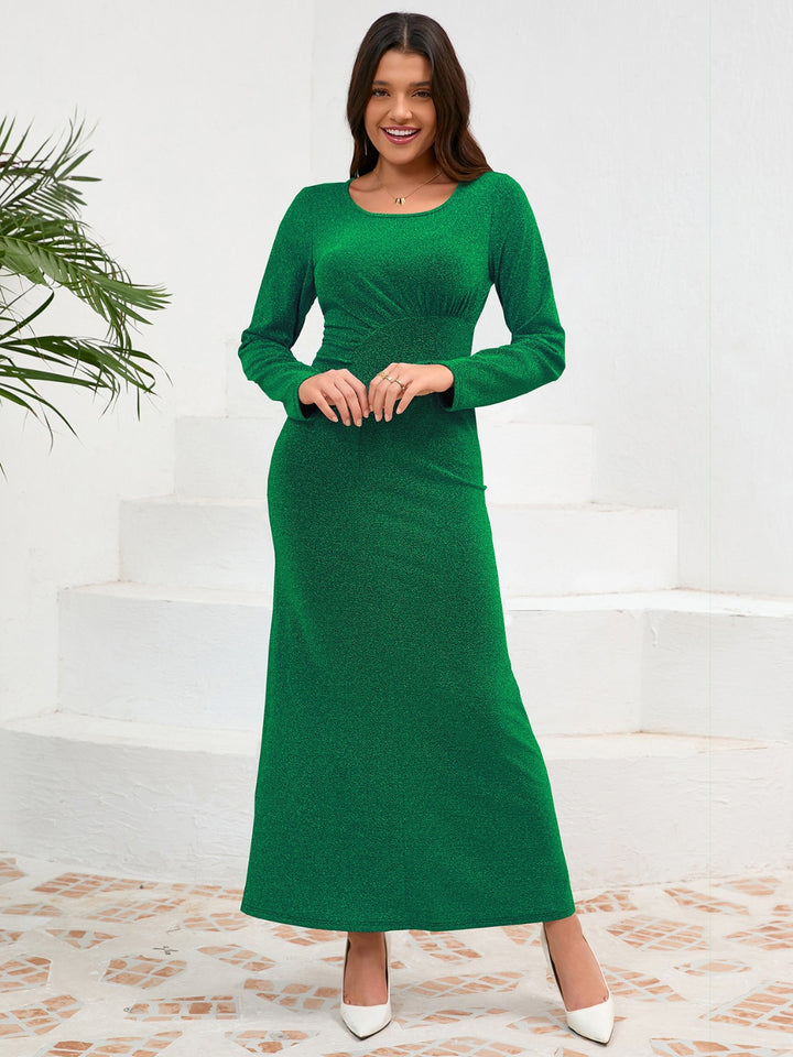 Ruched Round Neck Long Sleeve Dress | Trendsi