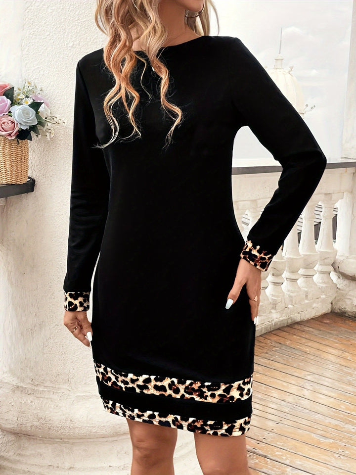 Leopard Trim Round Neck Long Sleeve Mini Dress | Trendsi