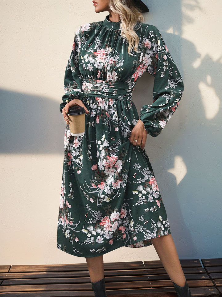 Ruched Printed Mock Neck Long Sleeve Midi Dress | Trendsi