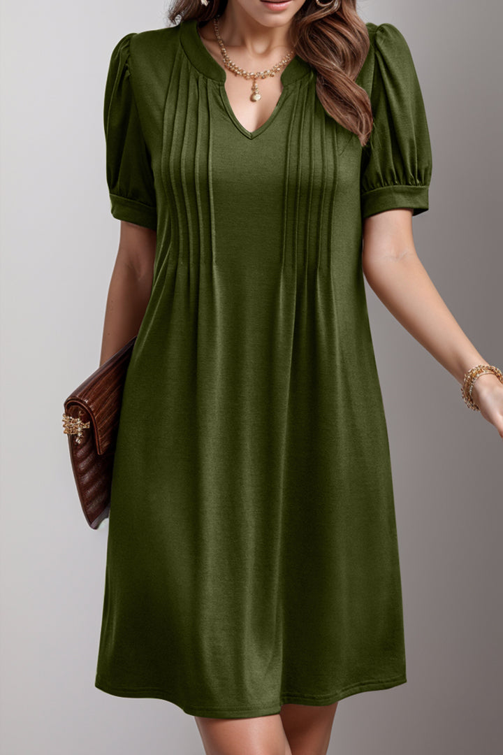 Pin-Tuck Notched Short Sleeve Dress | Trendsi