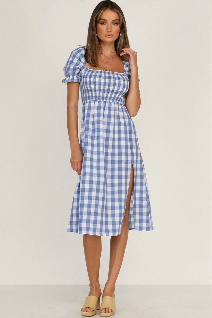 Full Size Slit Plaid Short Sleeve Midi Dress | Trendsi