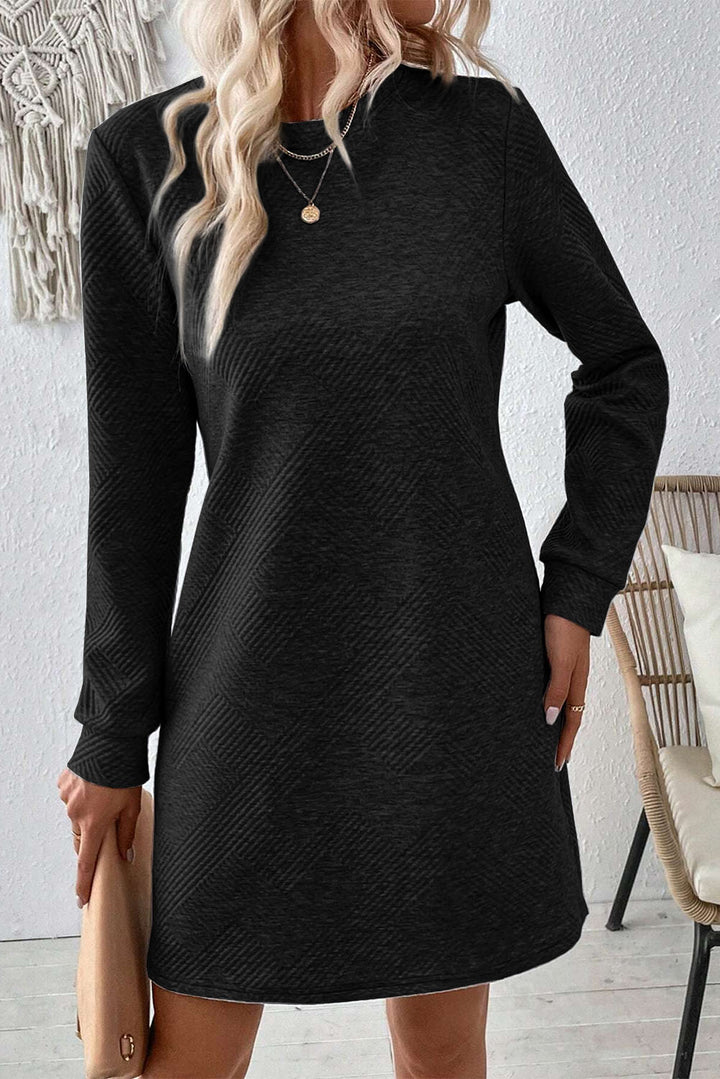 Textured Round Neck Long Sleeve Mini Dress | Trendsi