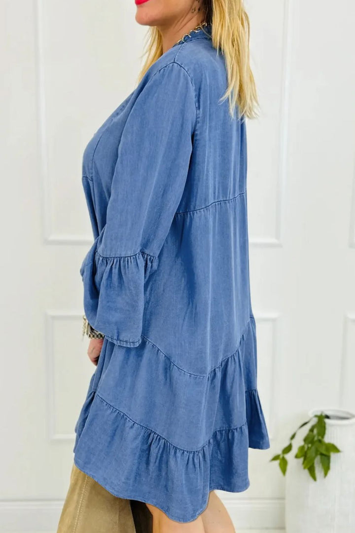 Notched Flare Sleeve Denim Dress | Trendsi