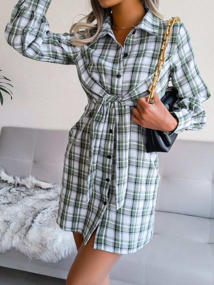 Tied Plaid Long Sleeve Mini Shirt Dress | Trendsi