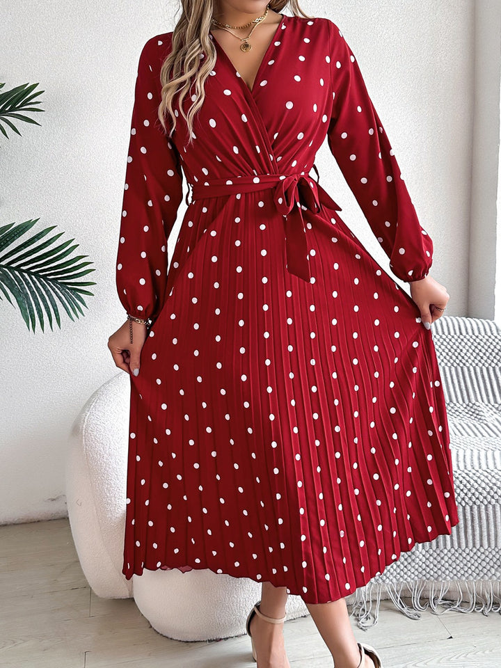 Tied Polka Dot Long Sleeve Midi Dress | Trendsi