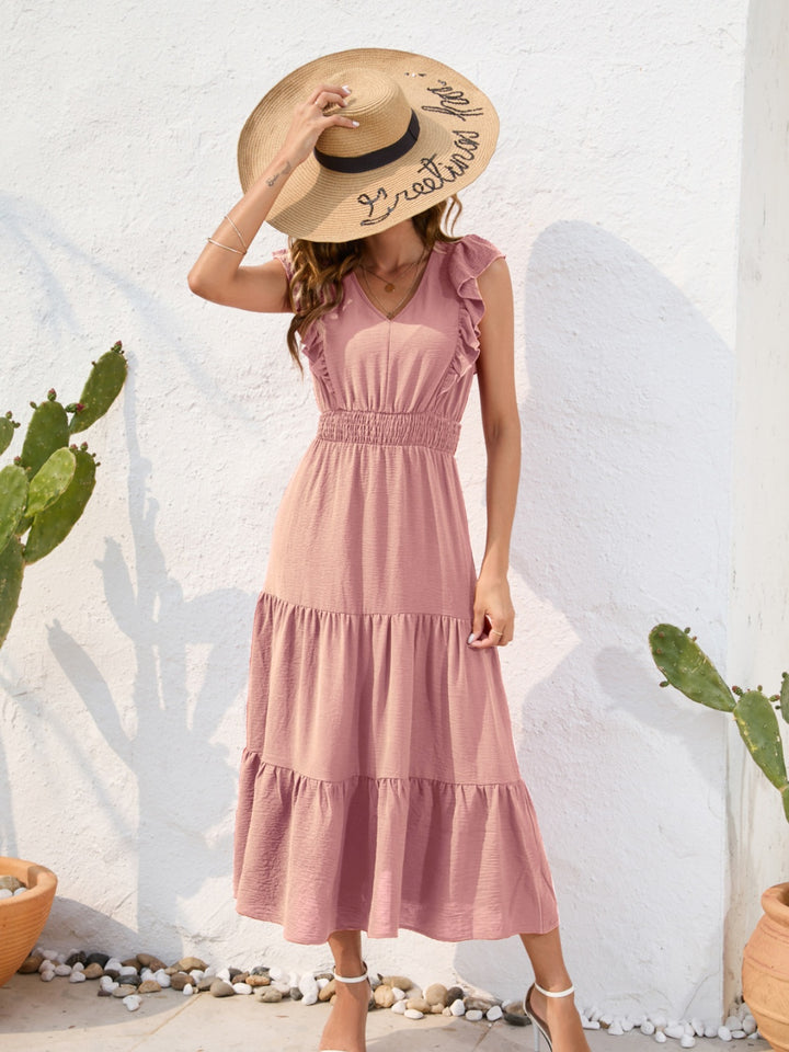 Tiered Ruffled V-Neck Cap Sleeve Dress | Trendsi