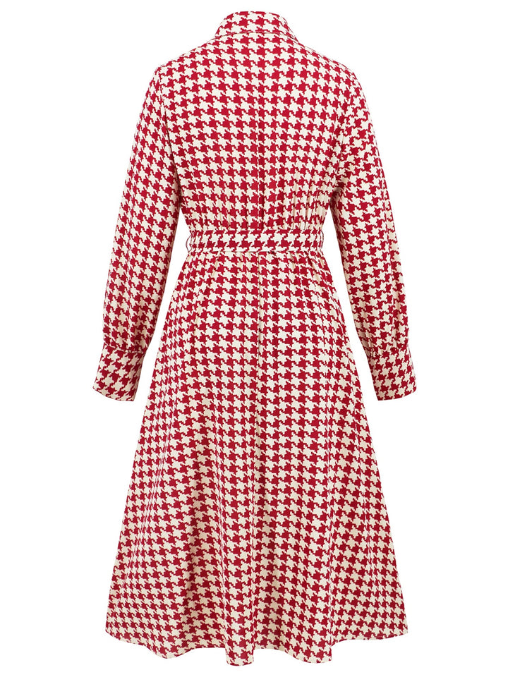 Tied Houndstooth Long Sleeve Midi Dress | Trendsi