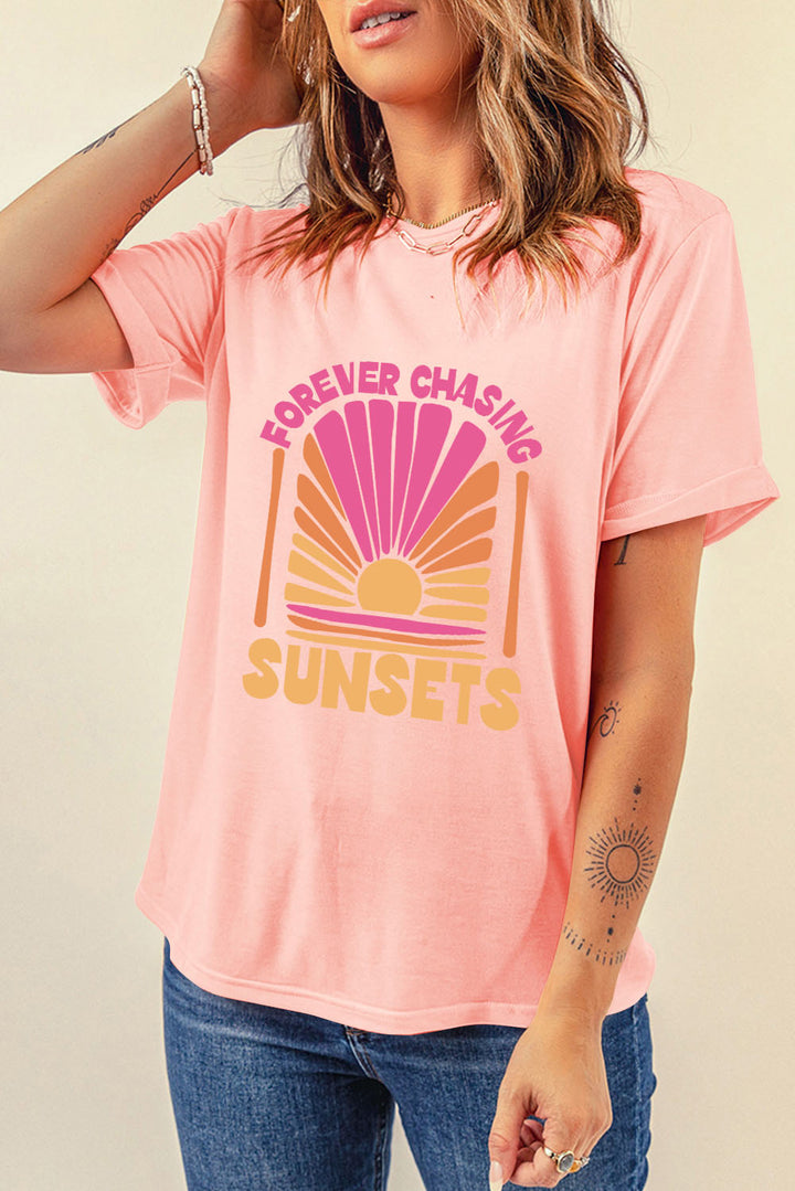 FOREVER CHASING SUNSETS Round Neck T-Shirt | Trendsi