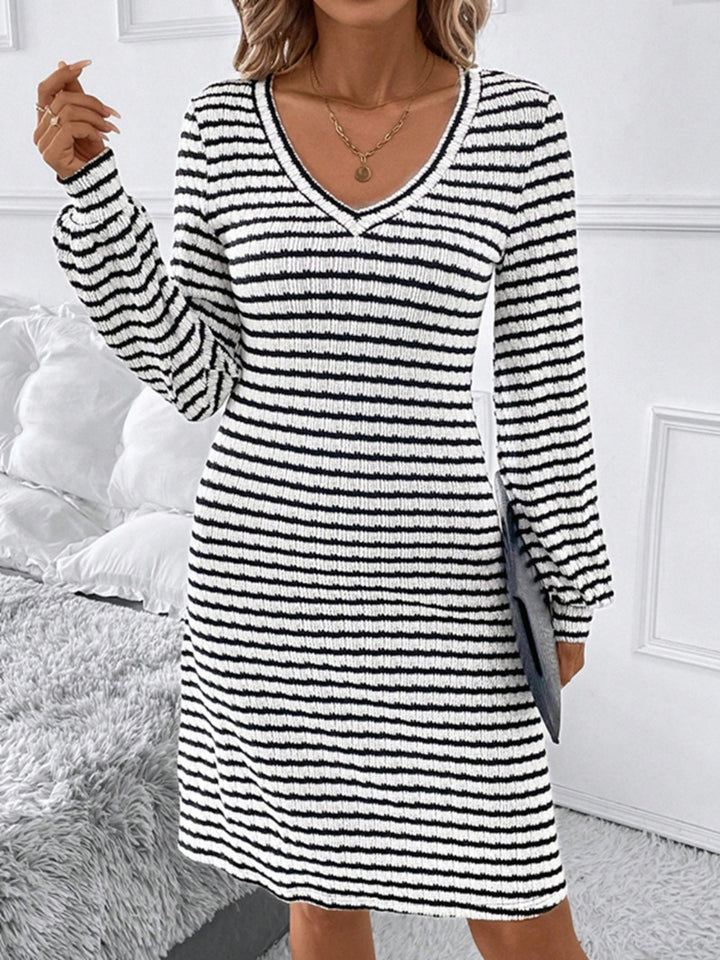 Striped V-Neck Long Sleeve Dress | Trendsi