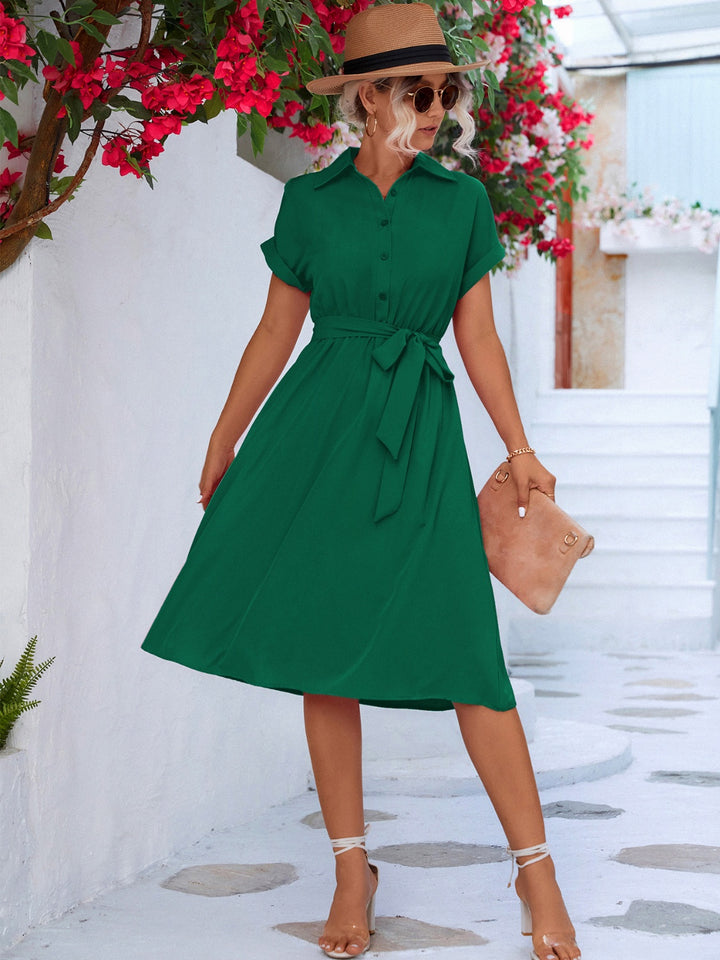 Buttoned Tie Waist Short Sleeve Dress | Trendsi