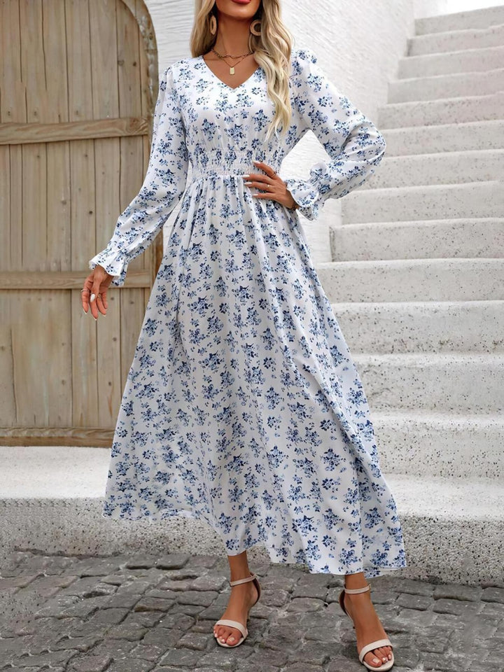 Smocked Printed V-Neck Flounce Sleeve Dress | Trendsi