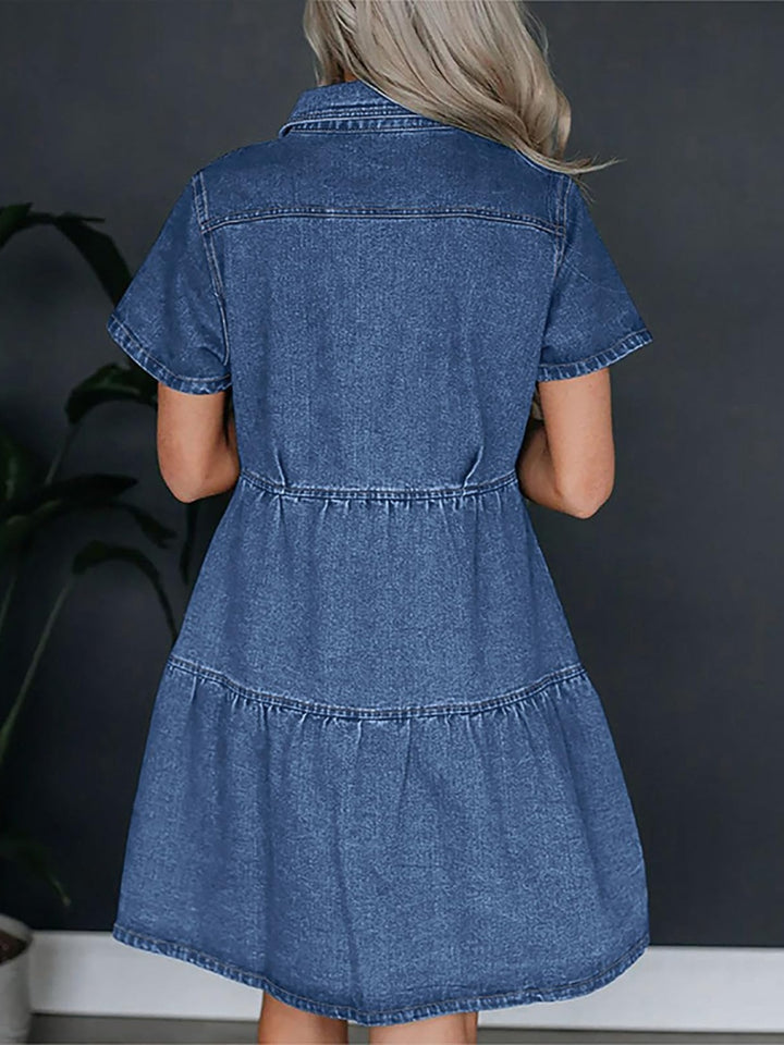 Pocketed Button Up Collared Neck Short Sleeve Denim Dress | Trendsi