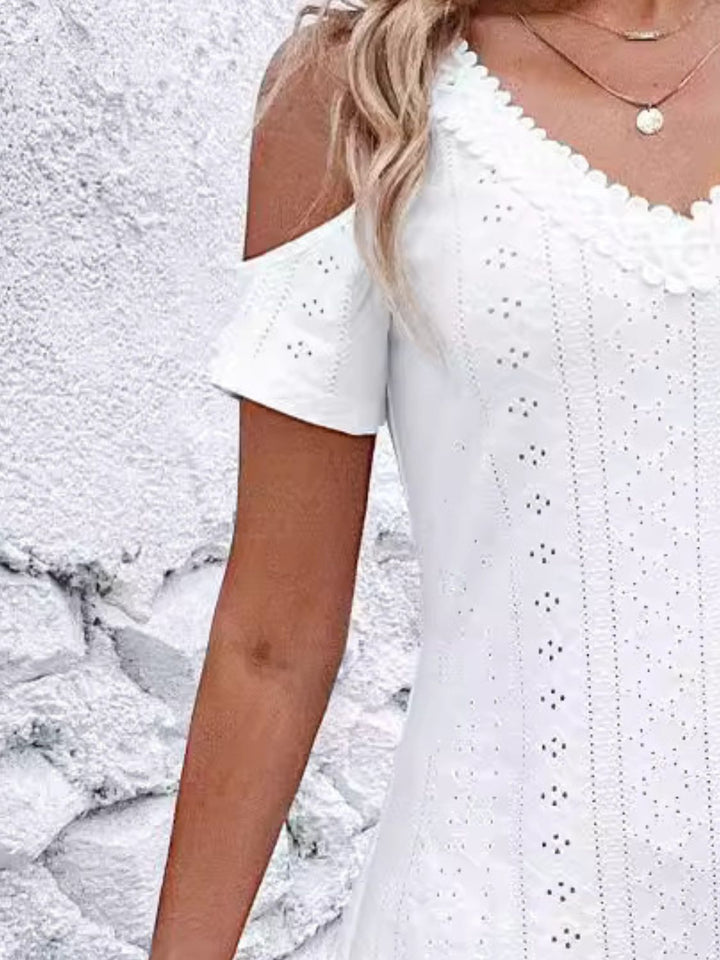 Eyelet V-Neck Cold Shoulder Mini Dress | Trendsi