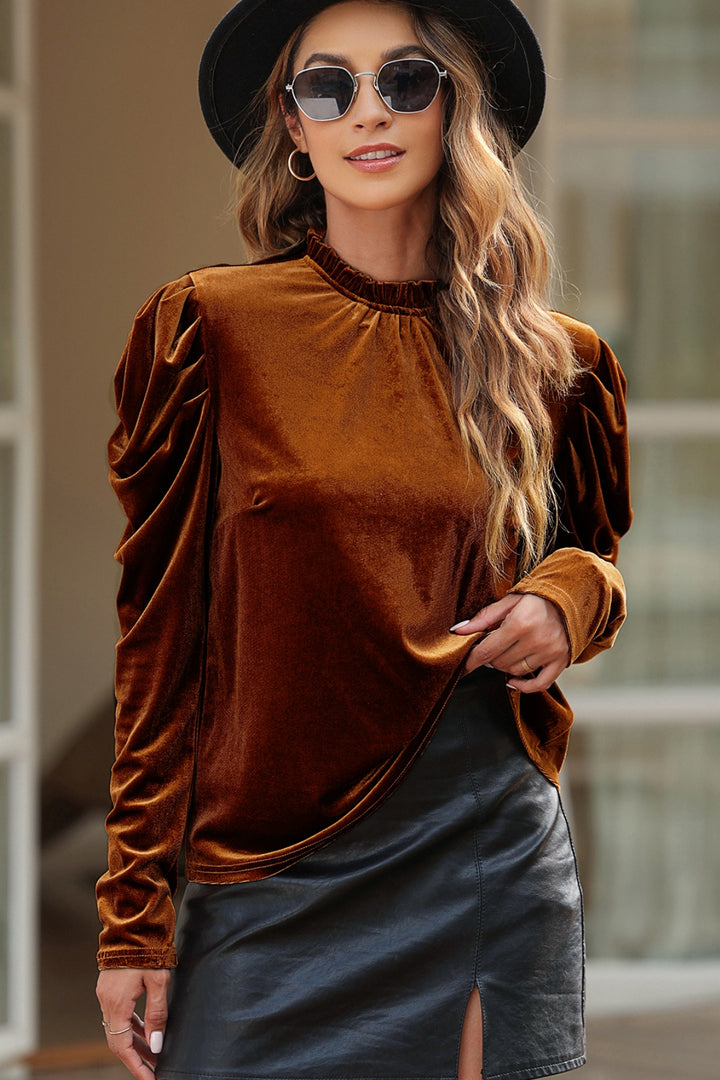 Round Neck Puff Sleeve Velvet Blouse | Trendsi