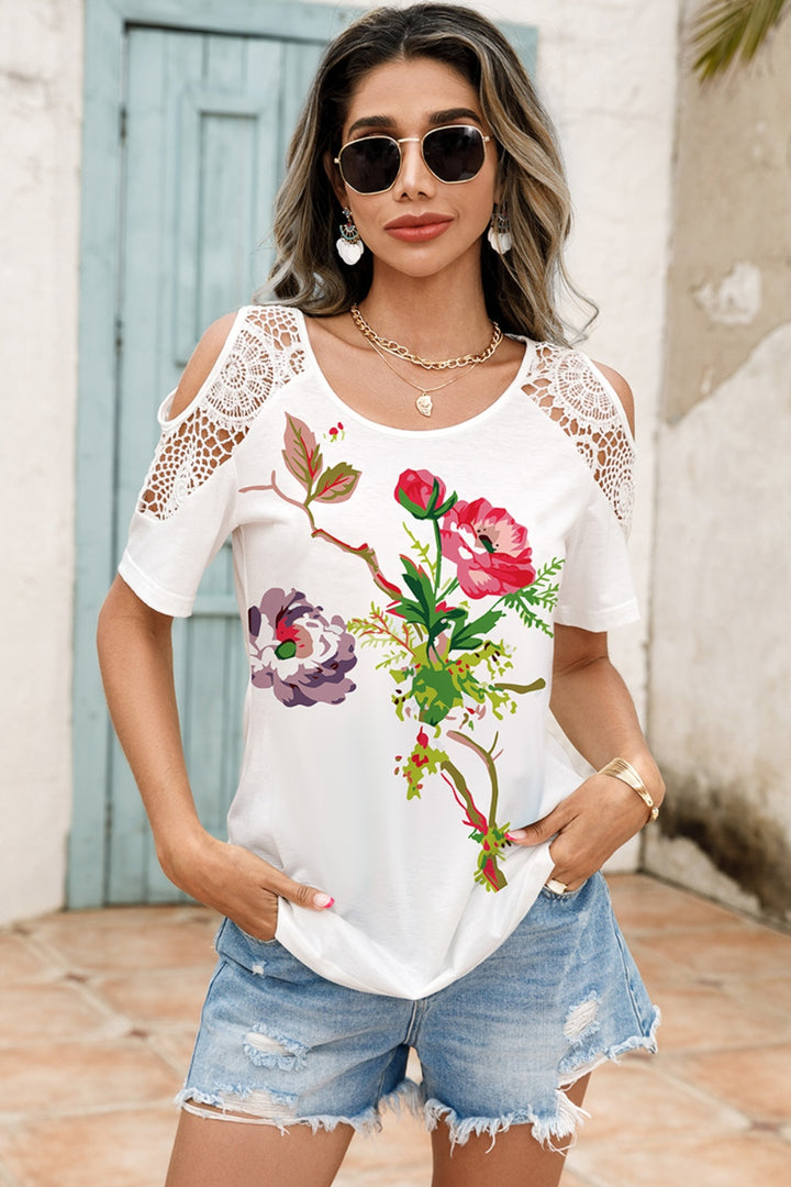 Lace Detail Round Neck Cold Shoulder Blouse | Trendsi