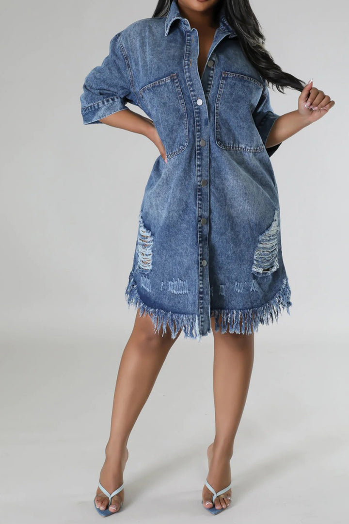 Distressed Raw Hem Button Up Denim Dress | Trendsi