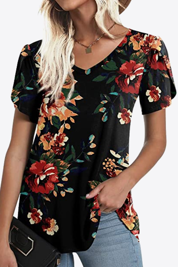 Printed Petal Sleeve V-Neck Blouse | Trendsi