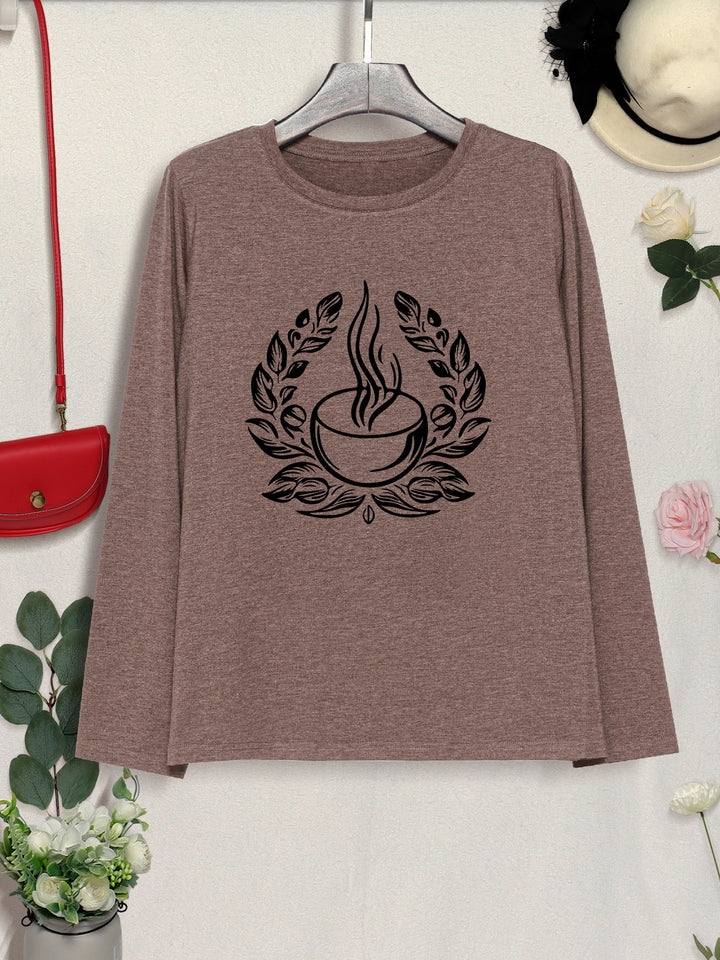 Coffee Graphic Round Neck Long Sleeve T-Shirt | Trendsi