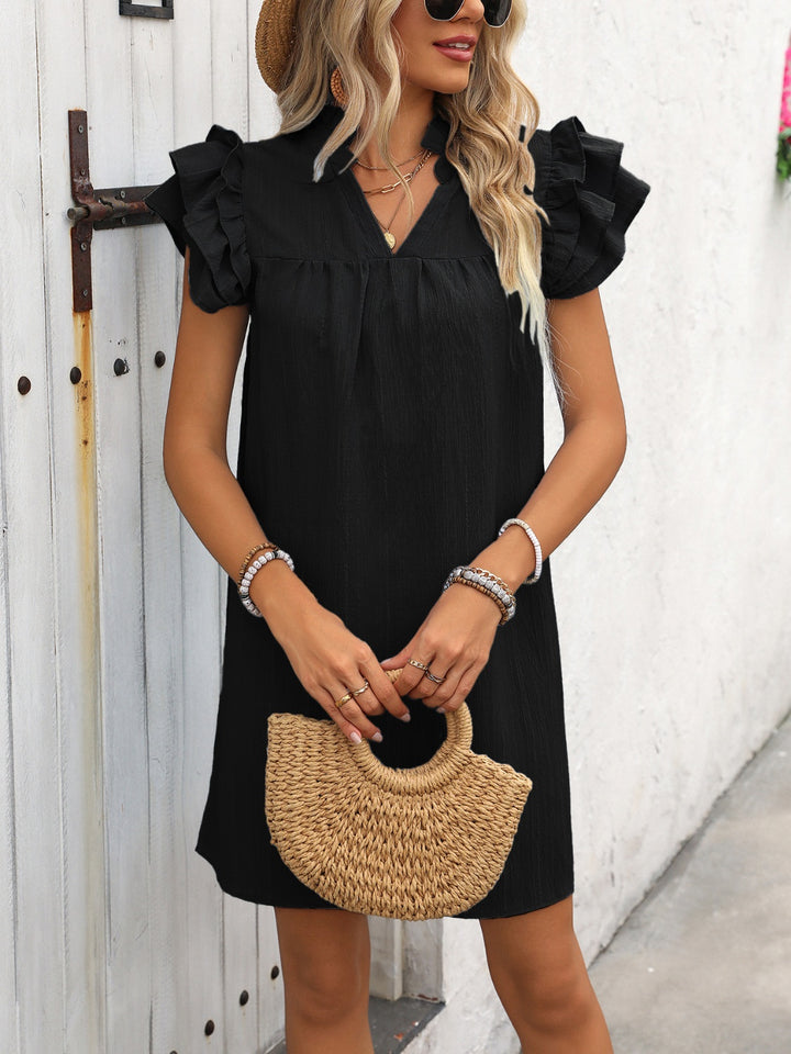 Ruffled Notched Cap Sleeve Mini Dress | Trendsi