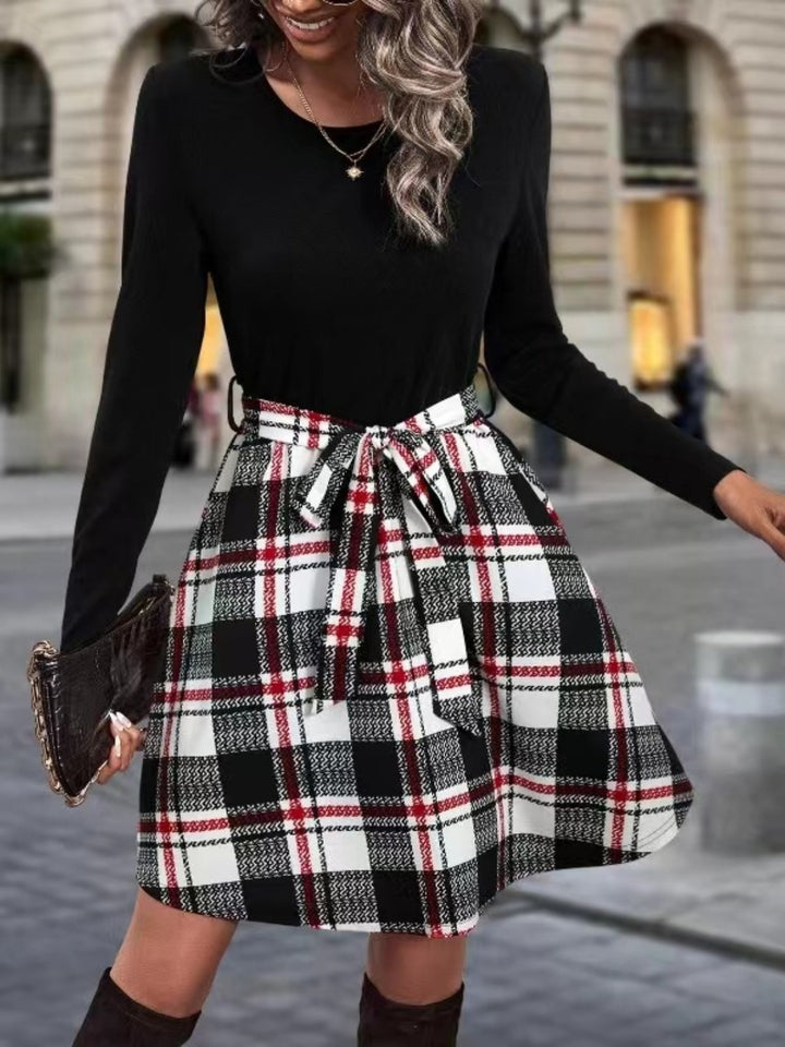 Tied Plaid Round Neck Long Sleeve Dress | Trendsi