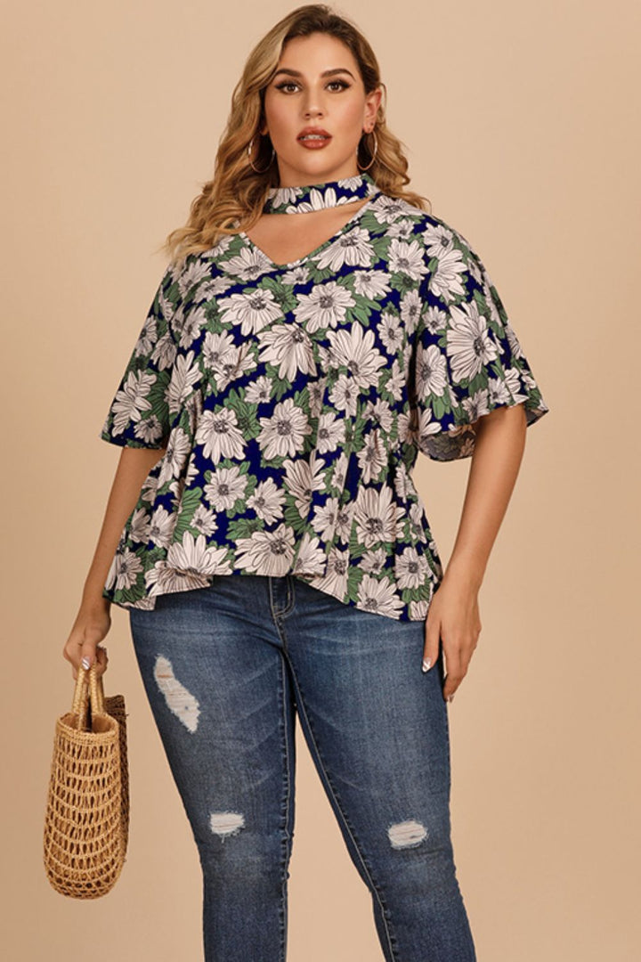 Plus Size Floral Flutter Sleeve Cutout Blouse | Trendsi