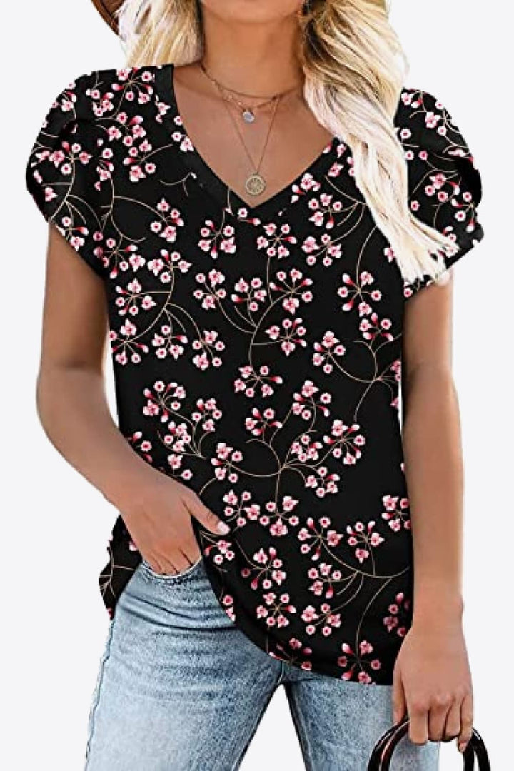 Printed Petal Sleeve V-Neck Blouse | Trendsi