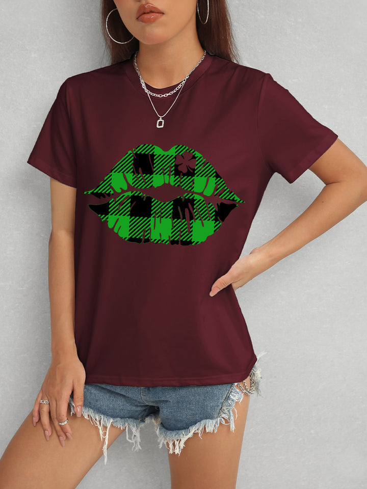 Plaid Lip Graphic Round Neck T-Shirt | Trendsi