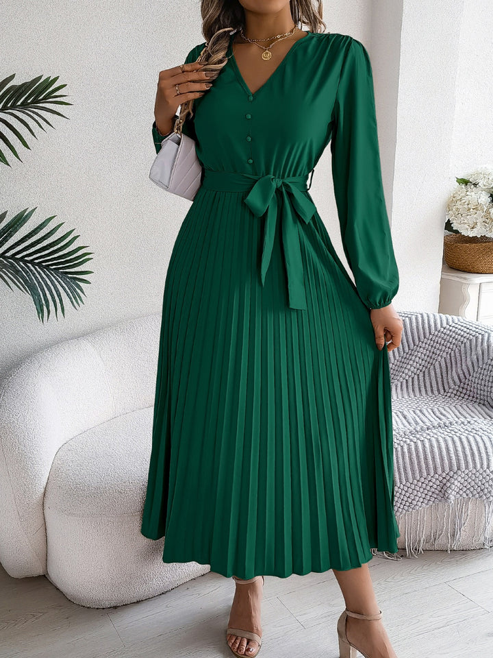 Pleated Tied V-Neck Long Sleeve Dress | Trendsi