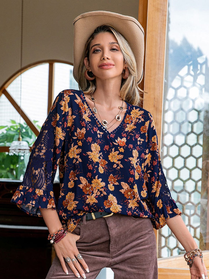 Floral V-Neck Crochet Blouse | Trendsi