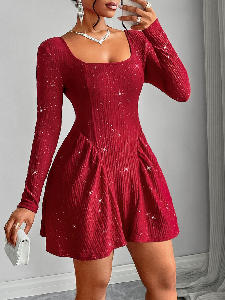 Backless Glitter Square Neck Long Sleeve Mini Dress | Trendsi