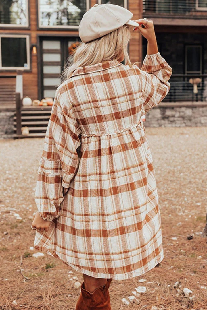 Plaid Collared Neck Long Sleeve Mini Shirt Dress | Trendsi