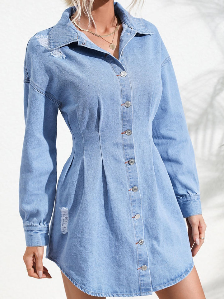 Distressed Button Up Long Sleeve Denim Dress | Trendsi