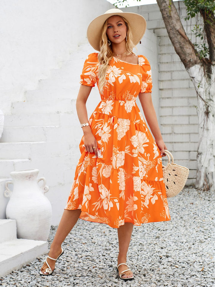 Printed Asymmetric Neck Short Sleeve Midi Dress | Trendsi